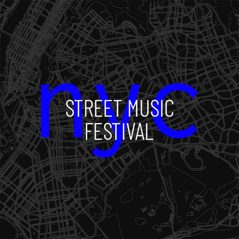 A black and white map with the words nyc street music festival in blue.