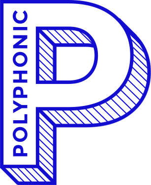 A blue and black logo for polyphonic.