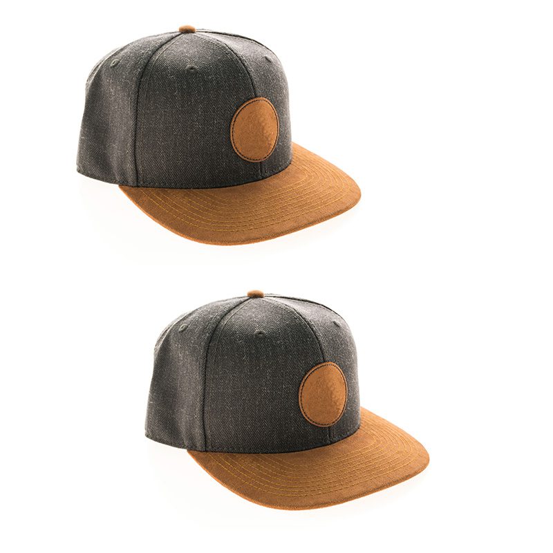 Two hats with a brown patch on the front.