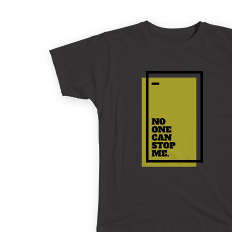 A black t-shirt with a yellow and black design.