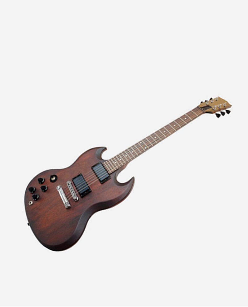 A guitar is laying on its side with no strings.