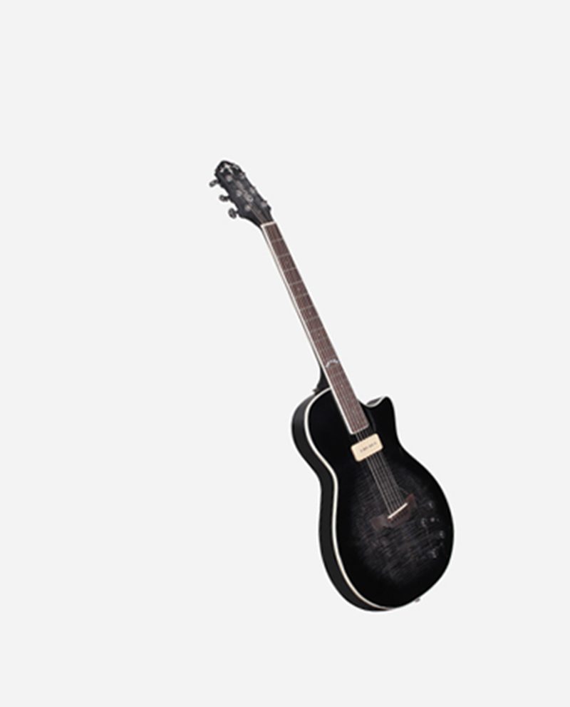 A black electric guitar is laying on its side.