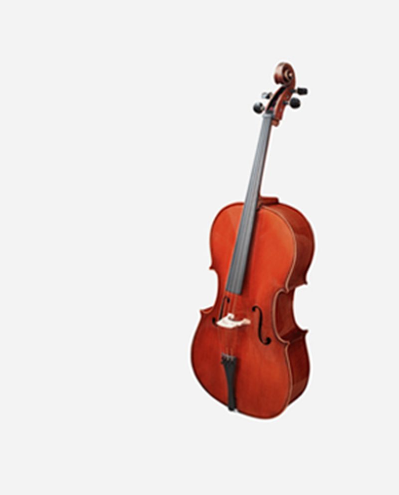 A cello is shown with its bow in the air.