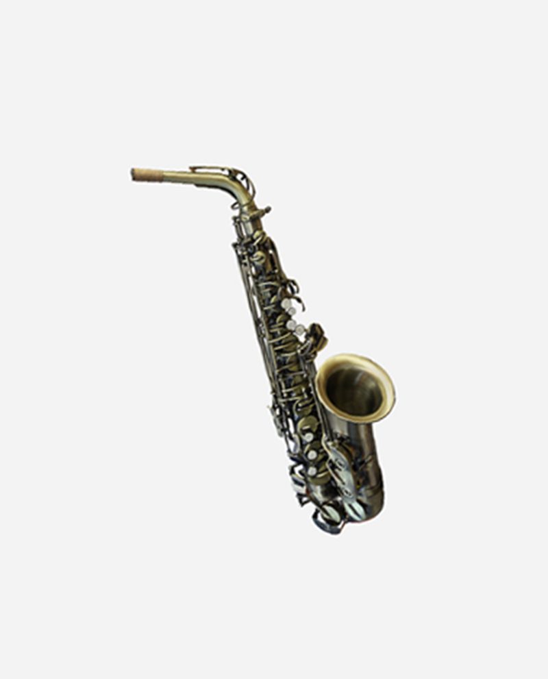 A saxophone is shown with the bottom half of it.