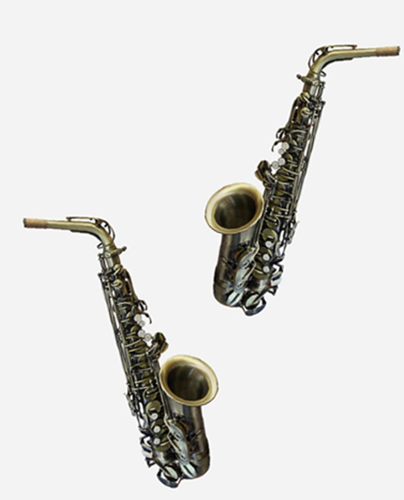Two saxophones are shown side by side with their necks bent.