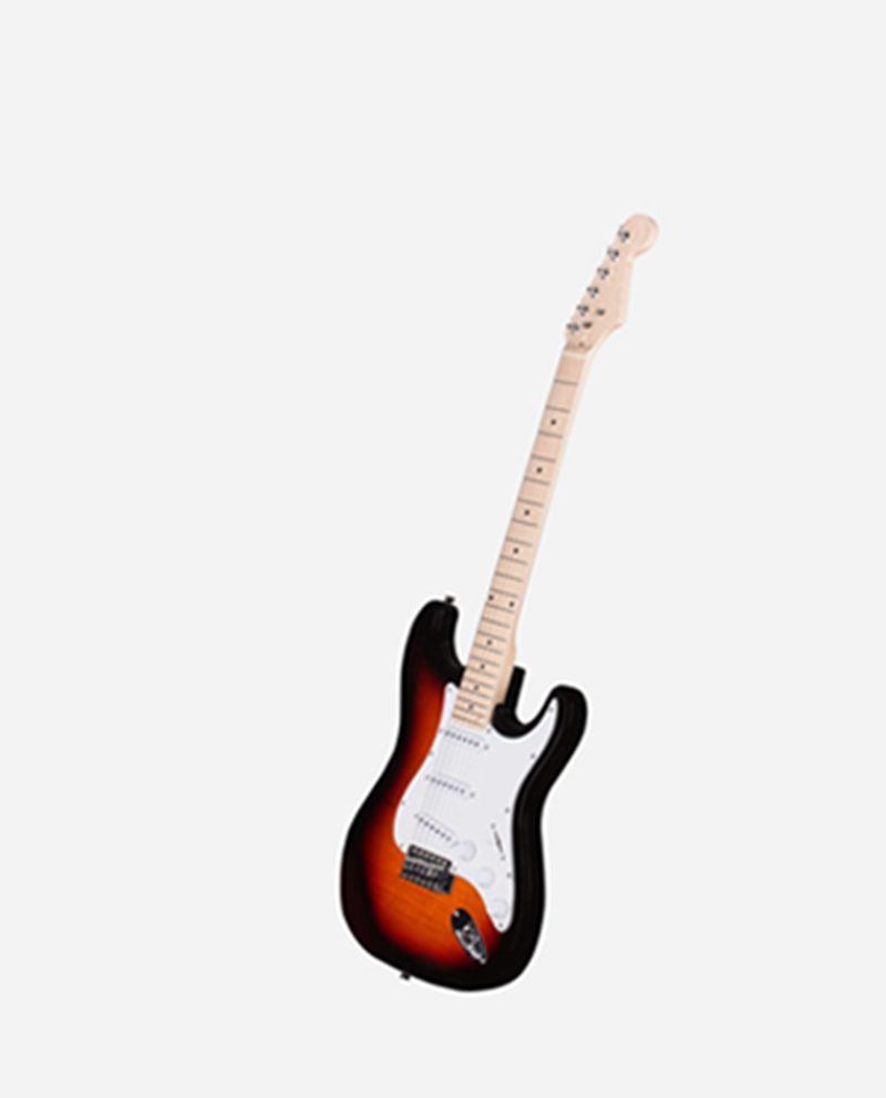 A guitar is shown with the strings missing.