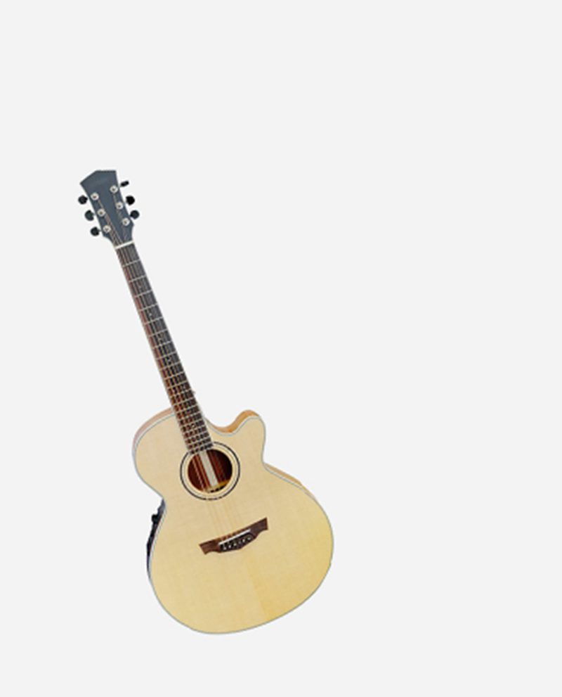 A guitar is sitting on the ground with its strings attached.