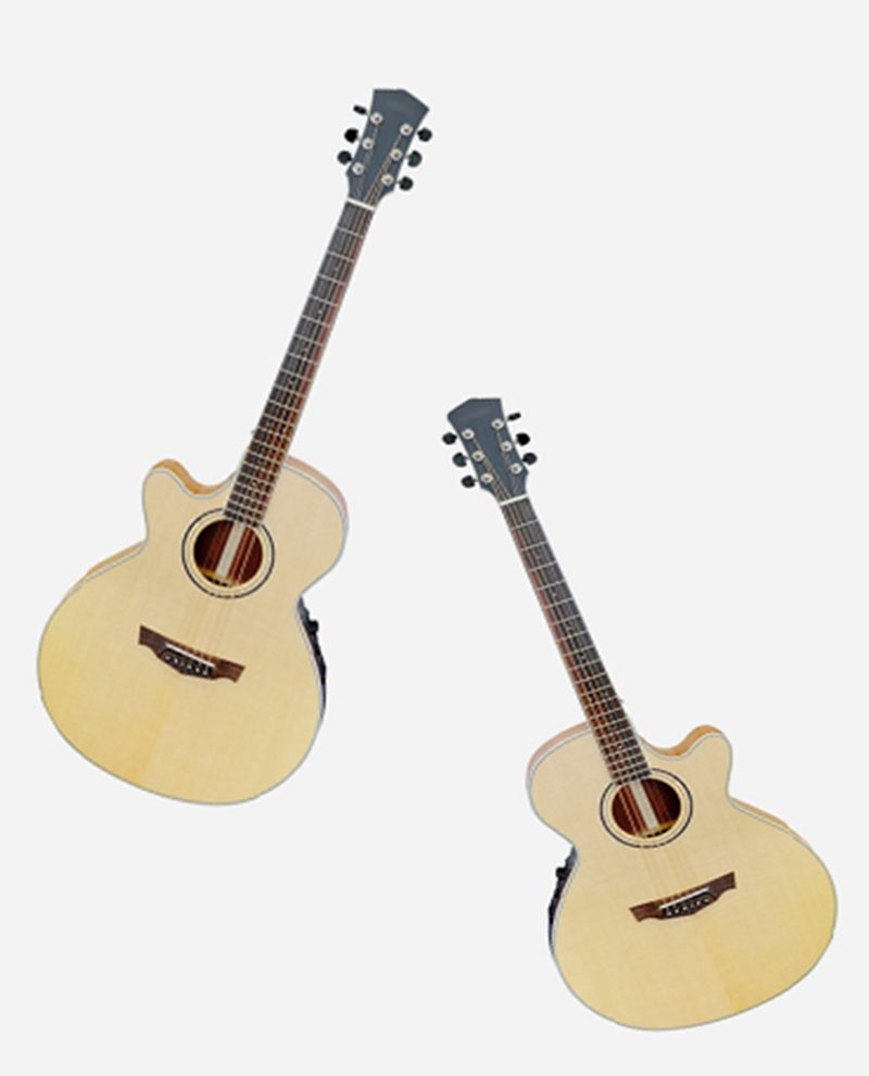 Two guitars are shown side by side with each other.