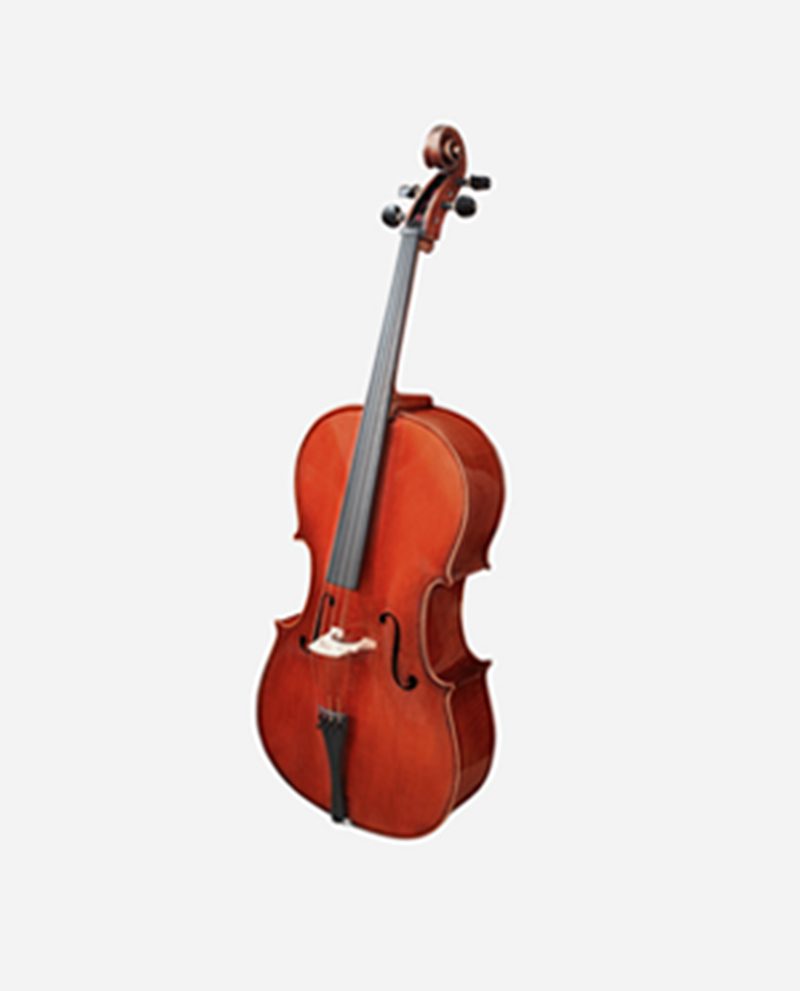A cello is shown with its bow up.