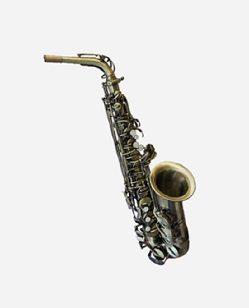A saxophone is shown with the bottom half of it.