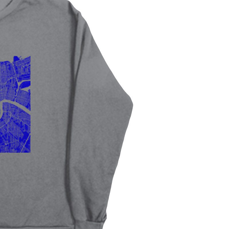 A gray sweatshirt with blue artwork on it.