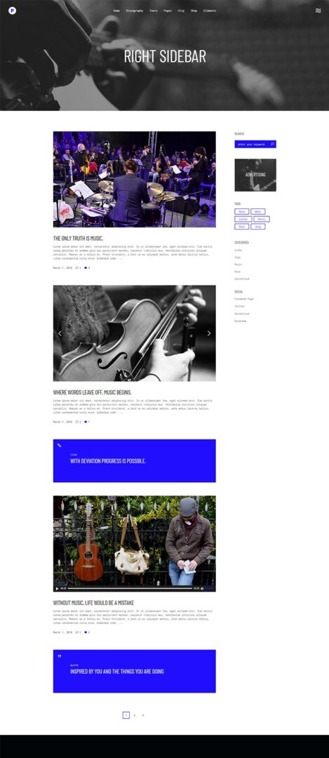 A page of the website with several images and a person holding a violin.