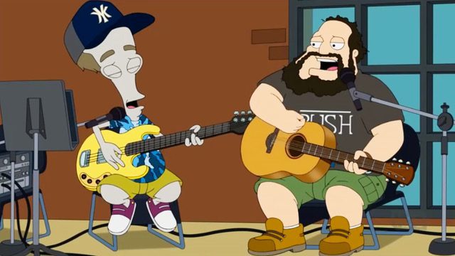 A cartoon of two people playing guitars