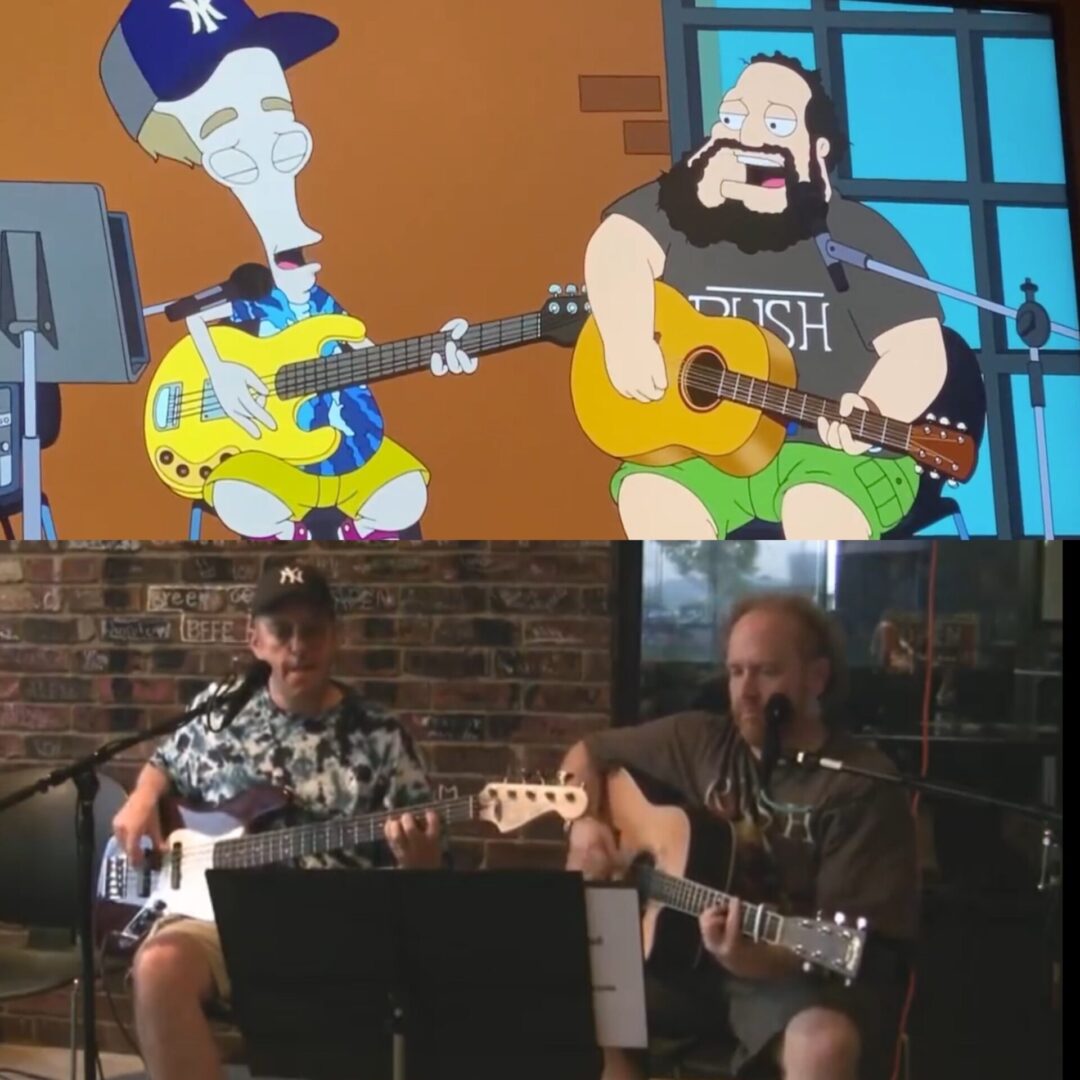 Two pictures of cartoon characters playing guitar.