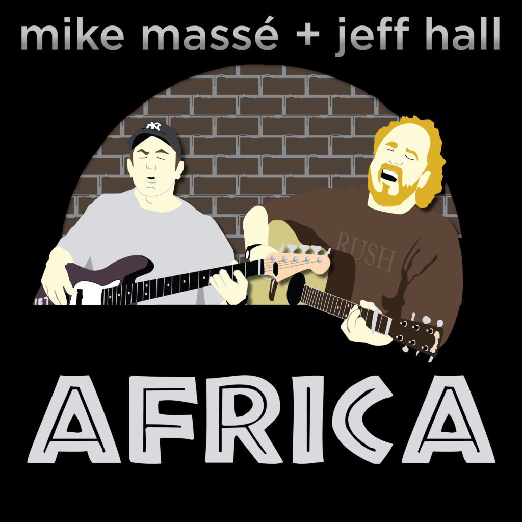 A drawing of two men playing guitar and singing.