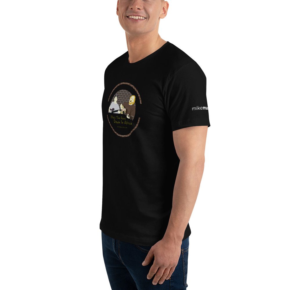 A man wearing a black t-shirt with a picture of a bear.
