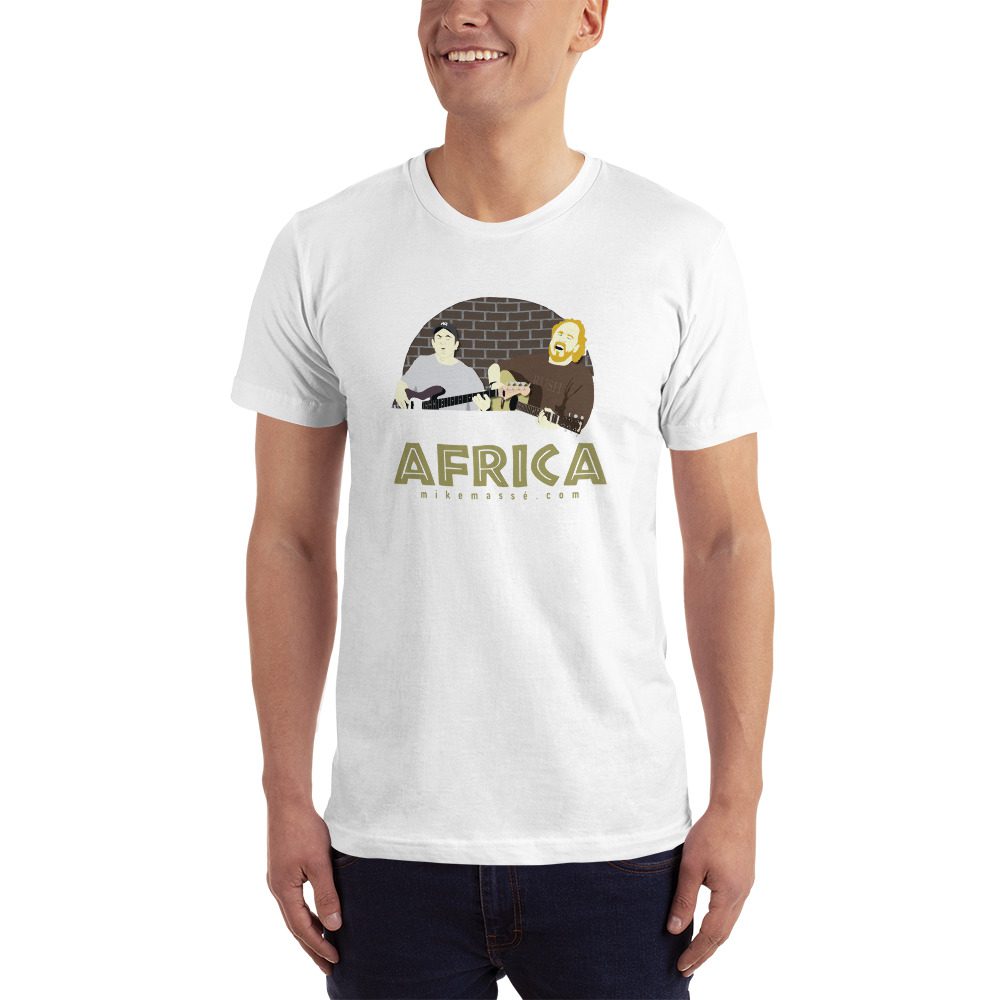 A man wearing a t-shirt with an african scene.
