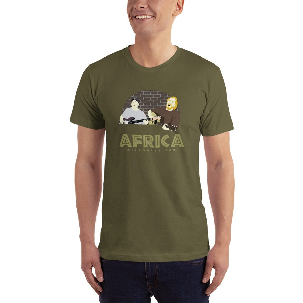 A man is wearing an africa t-shirt