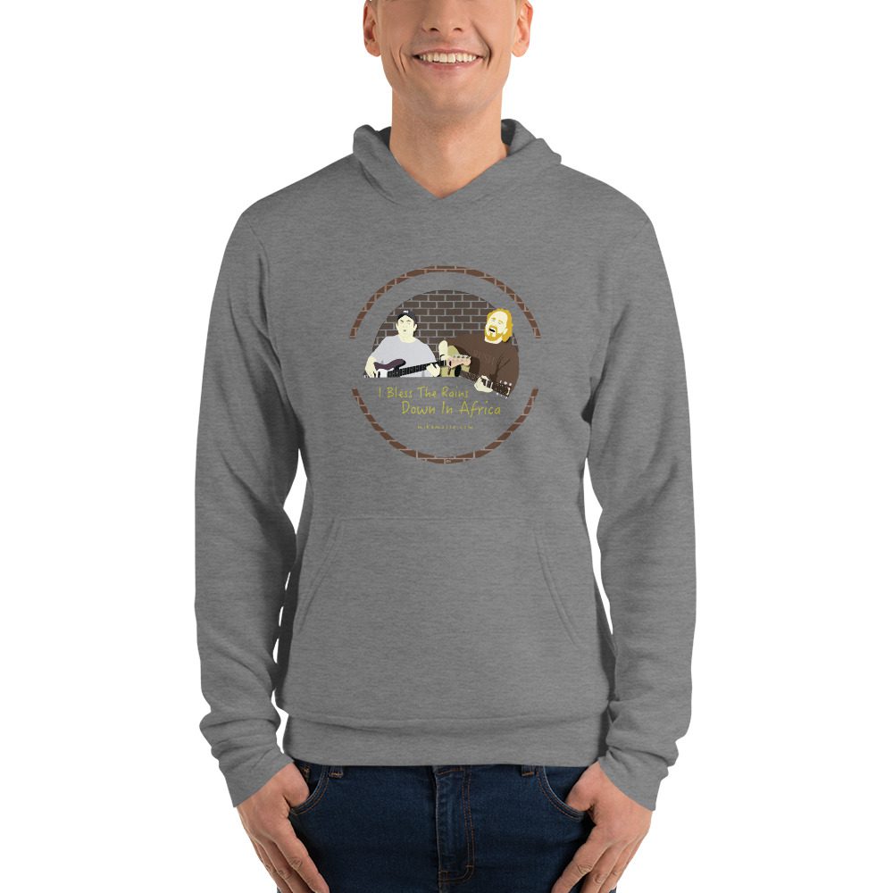 A man is wearing a hoodie with a picture of a dog.