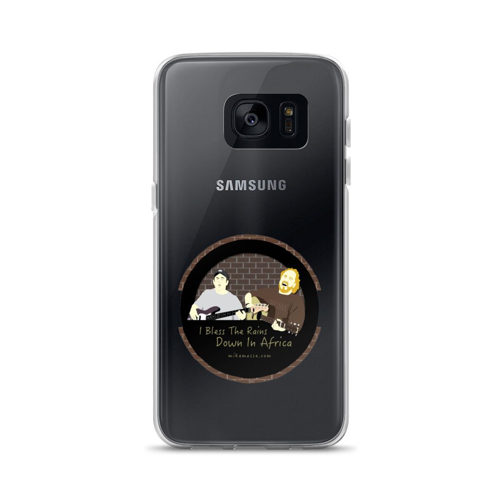 A samsung phone case with a picture of a person and dog.