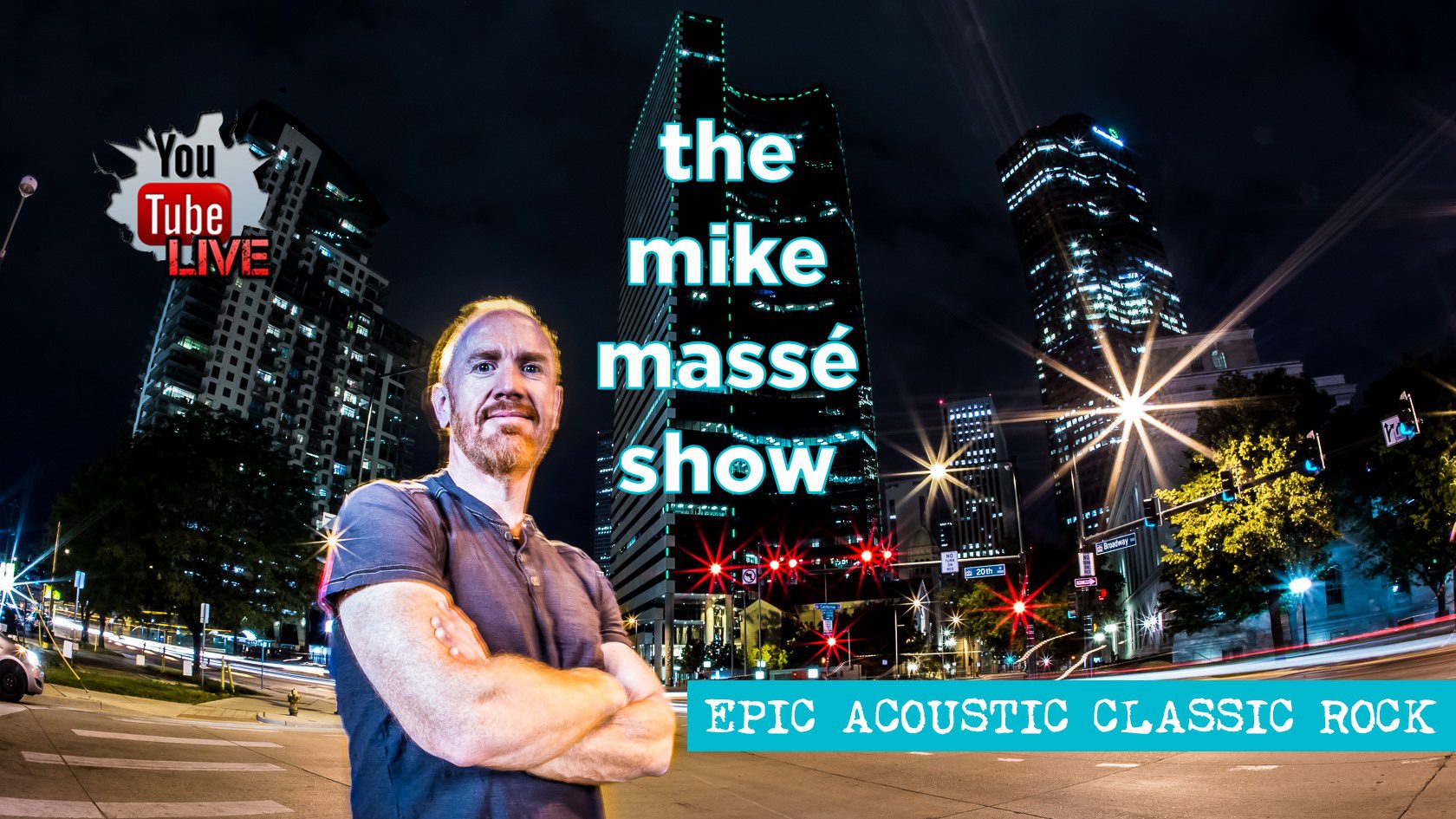 A man standing in front of a building with the words " the mike massé show " written on it.